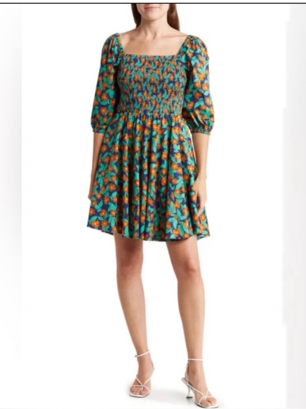Melloday Women's Smocked Dress Sz Medium Floral Print knee length puff sleeve